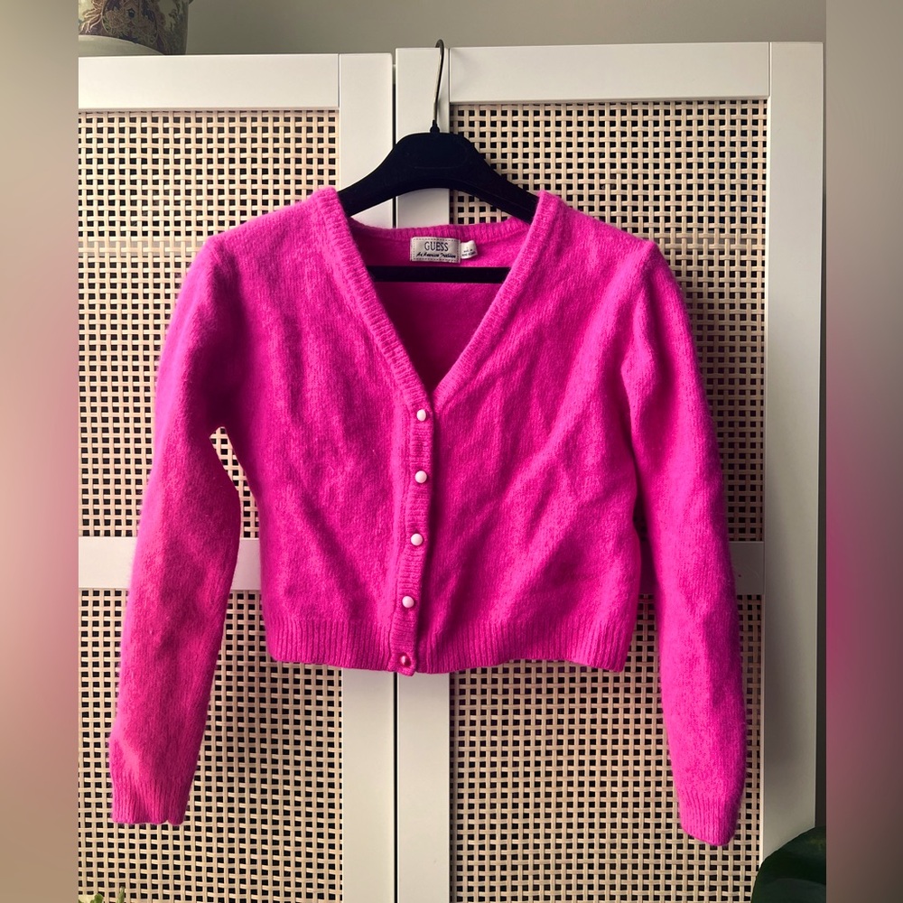 Authentic Vintage Guess Bright Pink Cropped Angora Cardigan